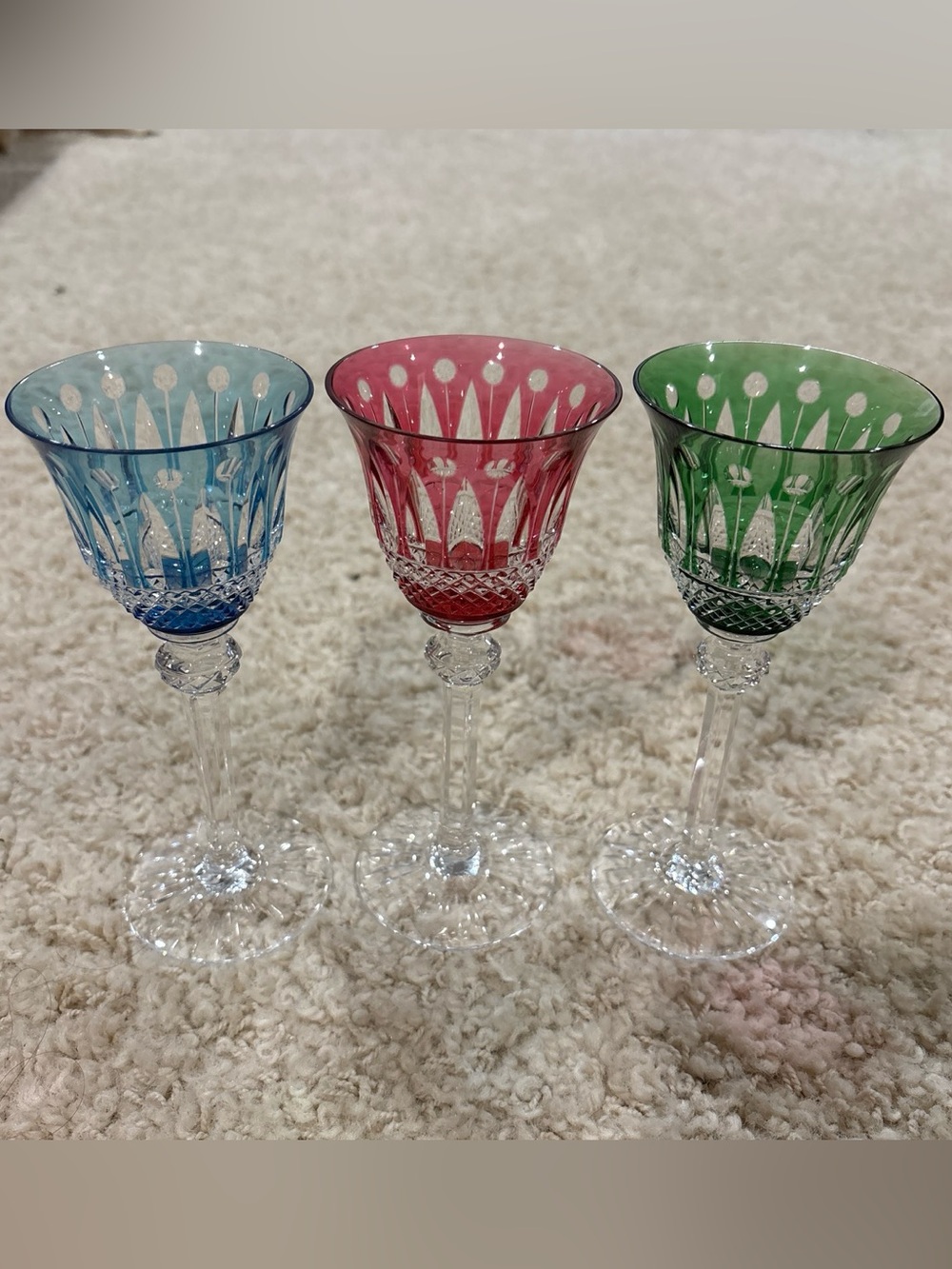 VTG Saint Louis Tommy Set of 3 Colored Crystal Cocktail Glasses Blue Red & Green